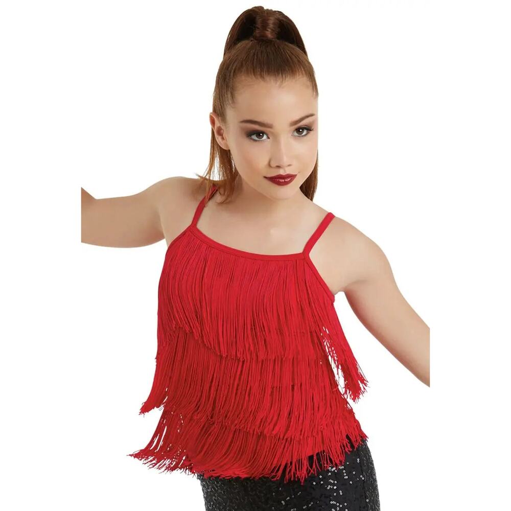 Dance Costume Top Medium Child Red Balera MJ3458 Jazz Tap Latin Fringe